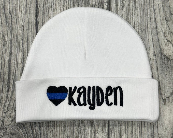 Personalized baby hat with embroidered thin blue line heart - preemie / newborn / 0-3 months / 3-6 months / 6-12 months