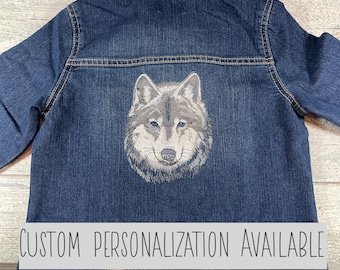 Embroidered Wolf Kids Denim Jacket: Personalized Toddler Jean Jacket