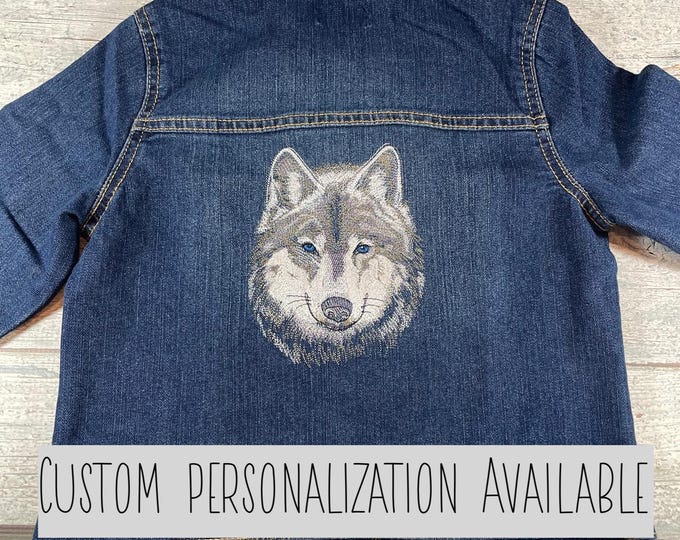 Embroidered Wolf Kids Denim Jacket: Personalized Toddler Jean Jacket