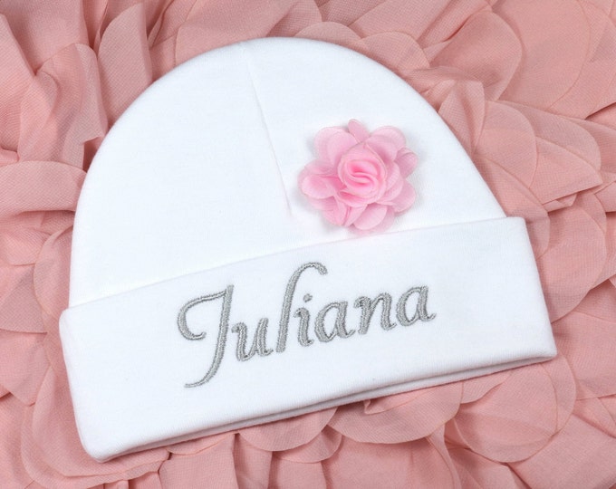 Personalized baby girl hat with 1.5" chiffon flower - micro preemie / preemie / newborn / 0-3 months / 3-6 months / 6-12 months