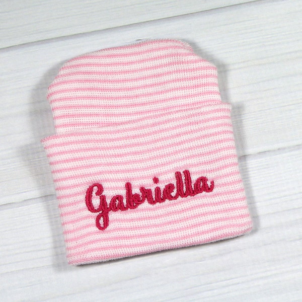 Baby hospital hat - personalized newborn beanie - personalized preemie hat - pink striped baby hat - newborn girl beanie