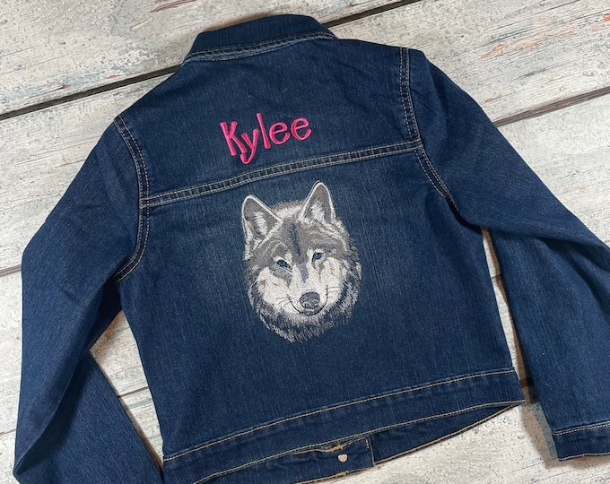 Personalized kids denim jacket with embroidered wolf design - toddler jean jacket with name