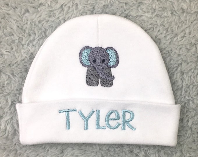 Personalized baby hat with elephant - micro preemie / preemie / newborn / 0-3 months / 3-6 months / 6-12 months