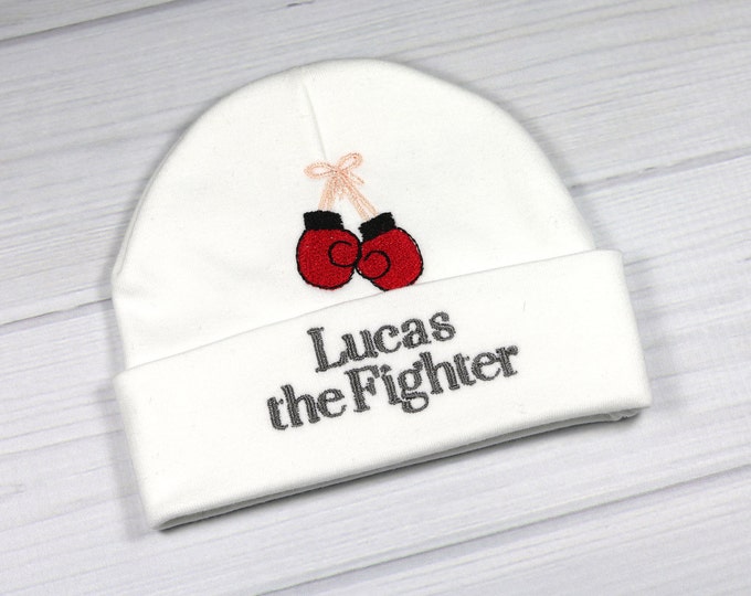 Personalized baby hat with boxing gloves - micro preemie / preemie / newborn / 0-3 months / 3-6 months / 6-12 months