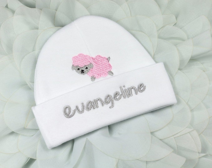 Personalized baby girl hat with lamb - micro preemie / preemie / newborn / 0-3 months / 3-6 months / 6-12 months