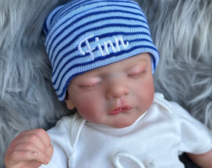 Baby hospital hat - personalized newborn beanie - personalized preemie hat - blue striped baby hat - baby boy name hat