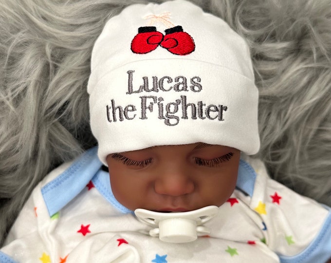 Personalized baby hat with boxing gloves - micro preemie / preemie / newborn / 0-3 months / 3-6 months / 6-12 months