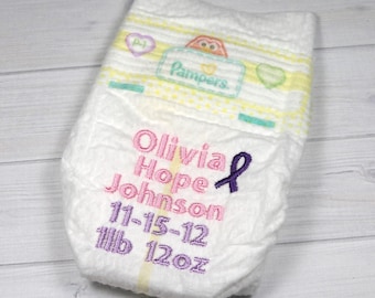 Preemie birth announcement diaper - embroidered diaper baby keepsake for memory box or shadow box