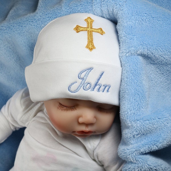 Personalized baptism baby hat with cross - micro preemie / preemie / newborn / 0-3 months / 3-6 months / 6-12 months baby baptism hat