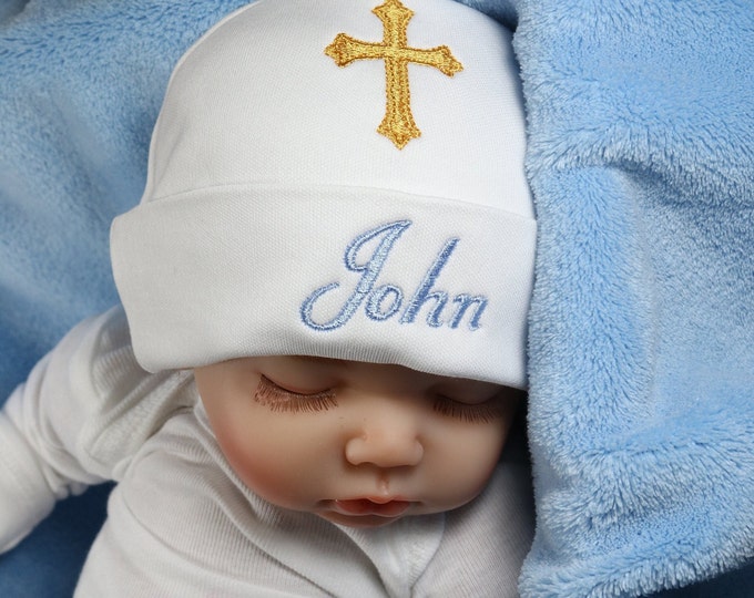 Personalized baptism baby hat with cross - micro preemie / preemie / newborn / 0-3 months / 3-6 months / 6-12 months