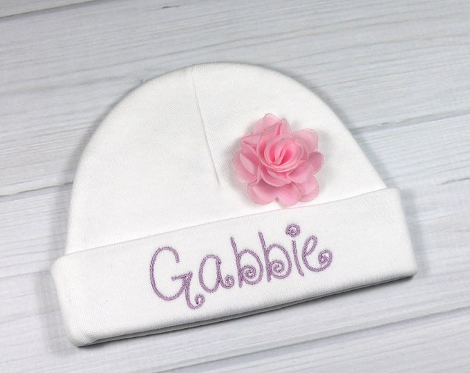 Personalized baby girl hat with 1.5" chiffon flower - micro preemie / preemie / newborn / 0-3 months / 3-6 months / 6-12 months