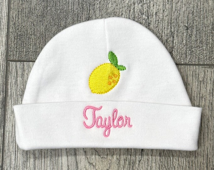 Personalized baby hat with an embroidered lemon - micro preemie / preemie / newborn / 0-3 months / 3-6 months / 6-12 months