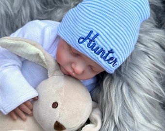 Personalized Baby Beanie: Blue Striped Newborn Hospital Hat | Sizes Preemie - Newborn