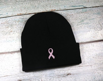 Breast cancer ribbon embroidered winter hat - adult size beanie for men or women