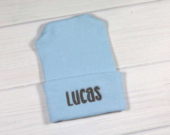 Baby hospital hat - personalized newborn beanie - personalized preemie hat - blue baby hat - baby boy name hat