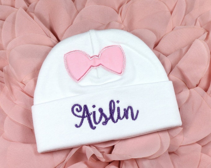 Personalized baby girl hat with pink bow - micro preemie / preemie / newborn / 0-3 months / 3-6 months / 6-12 months