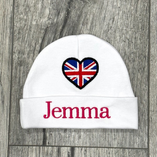 Personalized baby hat with embroidered Union Jack heart - micro preemie / preemie / newborn / 0-3 months / 3-6 months