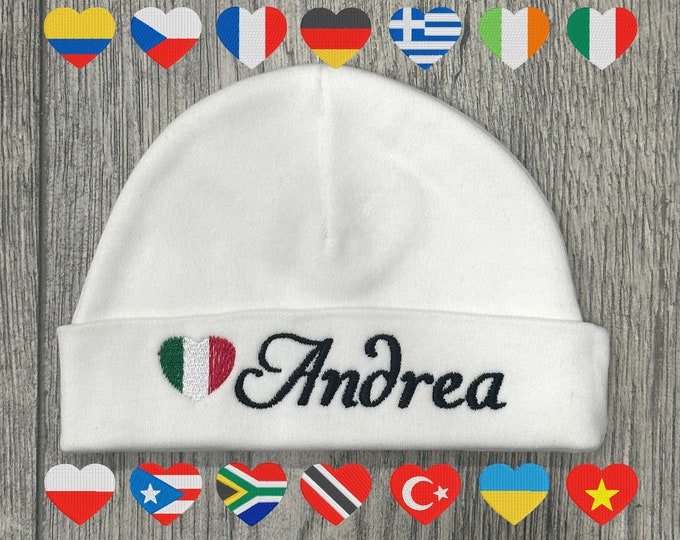 Personalized baby hat with country flag heart - preemie / newborn / 0-3 months / 3-6 months / 6-12 months