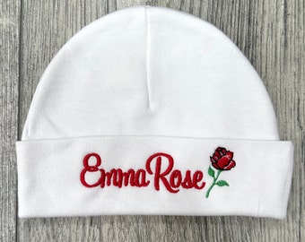 Personalized baby girl hat with rose flower - micro preemie / preemie / newborn / 0-3 months / 3-6 months / 6-12 months