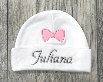 Personalized baby girl hat with pink bow - micro preemie / preemie / newborn / 0-3 months / 3-6 months / 6-12 months