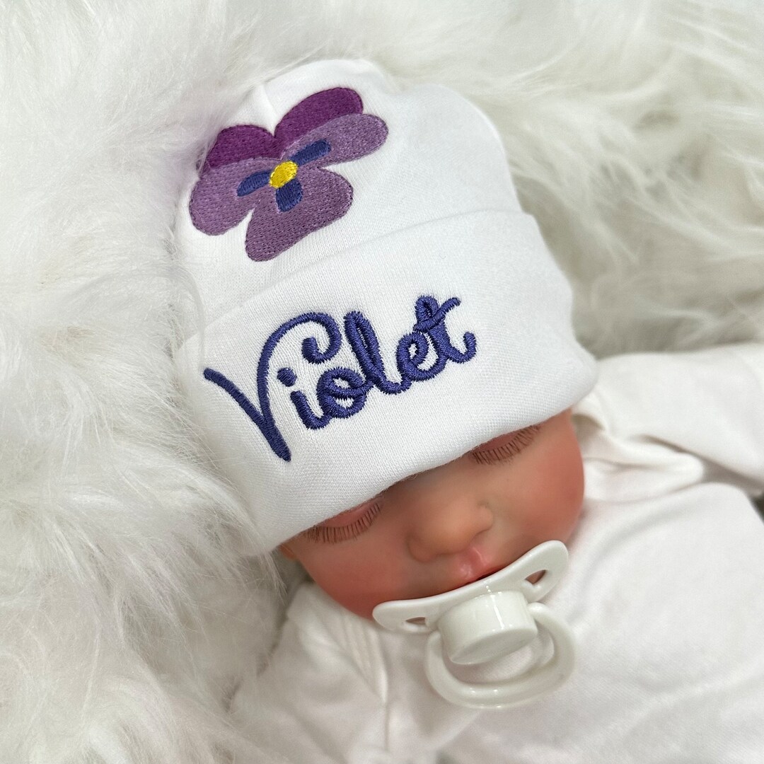 Personalized Baby Hat: Embroidered Violet Flower, Newborn