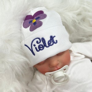 Personalized Baby Hat: Embroidered Violet Flower, Newborn Beanie | Sizes Preemie - 12 months