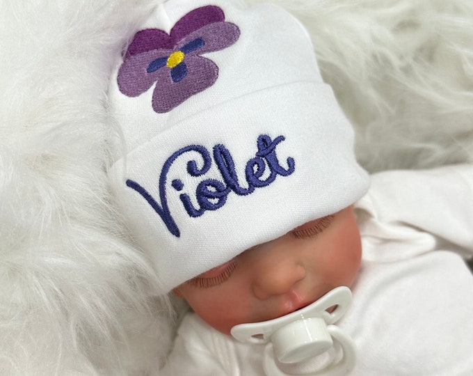 Personalized baby girl hat with violet flower - micro preemie / preemie / newborn / 0-3 months / 3-6 months / 3-6 months
