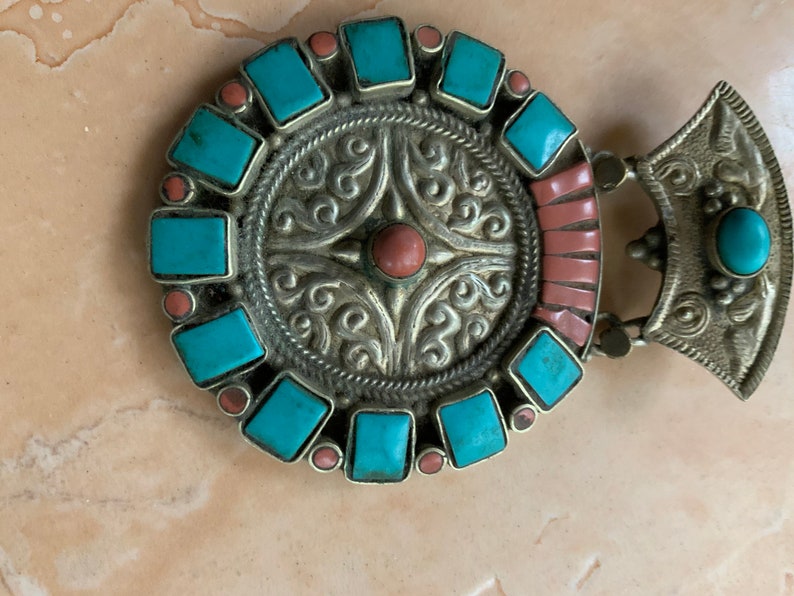 Tibetan Mixed Silver Turquoise and Coral Pendant
