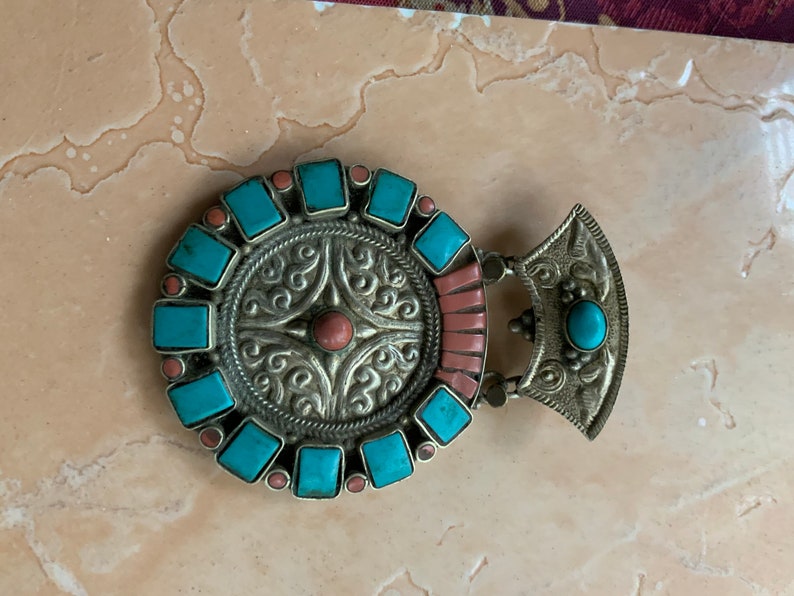 Tibetan Mixed Silver Turquoise and Coral Pendant