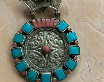 Tibetan Mixed Silver Turquoise and Coral  Pendant