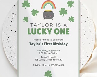 Lucky One 1st Birthday Invitation, Minimal St Patrick’s Day Shamrock Invite, (Editable Template) #KP11