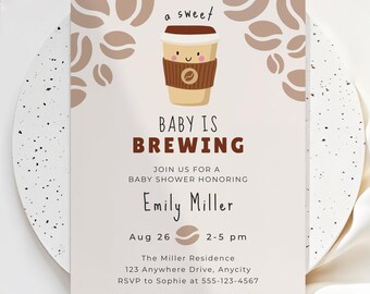 A Baby is Brewing Baby Shower Invitation, Coffee Themed Neutral Invite (Editable Canva Template) #SH06