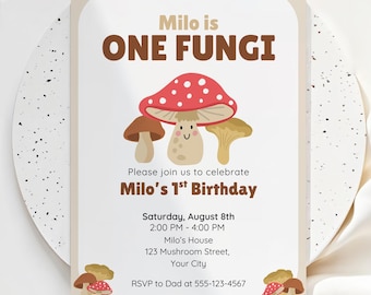 One Fungi 1st Birthday Invitation, Mushroom First Birthday Party Invite, Editable Canva Template #KP15