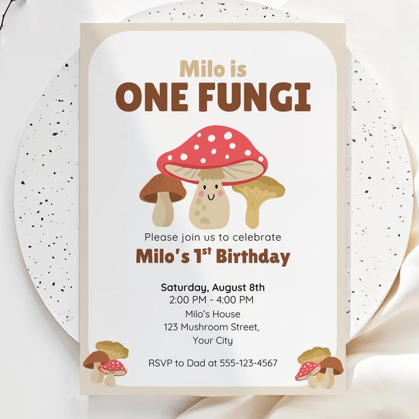 Inbjudan till 1-årsdag med svamp, inbjudan till första födelsedagsfest med svamp, redigerbar Canvas-mall #KP15