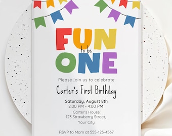 Fun to Be One 1st Birthday Invitation, Rainbow Party Invite (Editable Canva Template) #KP13