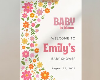 Groovy Baby in Bloom Welcome Sign, Editable Retro Floral Baby Shower Entrance Poster #SH09