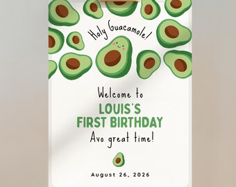 Avocado Theme 1st Birthday Welcome Sign, Holy Guacamole Entrance Poster (Editable Canva Template) #KP16