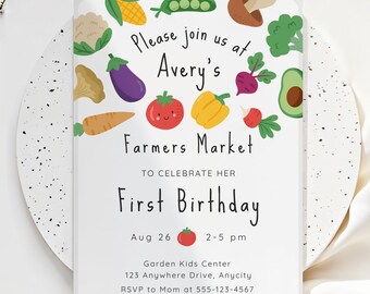 Farmers Market 1st Birthday Invite, Vegetable Theme First Birthday Invitation (Editable Canva Template) #KP18