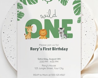Wild One 1st Birthday Invitation, Minimal Modern Safari Party Invite (Editable Canva Template) #KP10