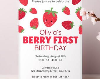 Berry First Birthday Invitation Template, Strawberry 1st Birthday Party Invite Printable #KP12
