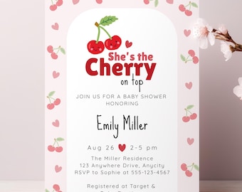 Cherry on Top Baby Shower Invitation, Sweet Pink Cherries Girl Invite (Editable Template) #SH08