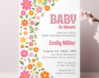 Baby in Bloom Retro Baby Shower Invitation, Groovy Floral Spring Invite (Editable Template) #SH09