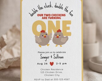 Twin Chicken 1st Birthday Invitation, Double the Fun Farm Theme Invite (Editable Canva Template) #KP17