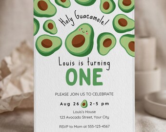 Holy Guacamole 1st Birthday Invitation, Avocado Theme First Birthday Invite, Editable Canva Template #KP16