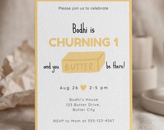 Churning One 1st Birthday Invitation, Butter Themed First Birthday Invite (Editable Canva Template) #KP14