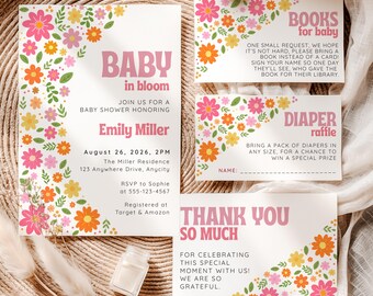 Groovy Baby in Bloom Shower Invitation Set, Retro Floral Invite Bundle (Editable Templates) #SH09