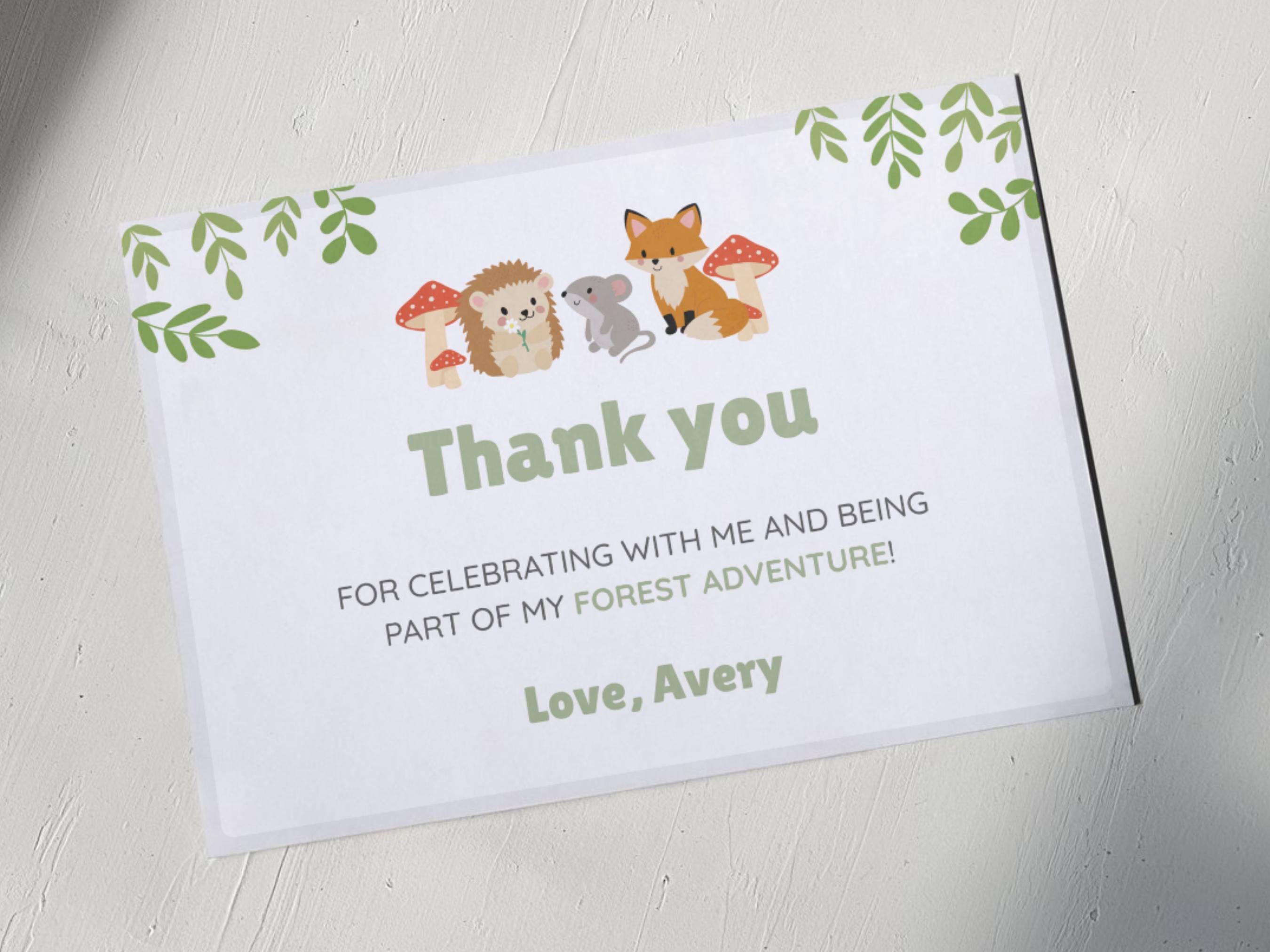 Woodland Birthday Thank You Card Printable Forest Friends Theme Party ...