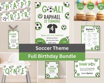 Soccer Birthday Party Bundle, Green Football Decorations Kit, Full Set (Editable Templates) #KP03