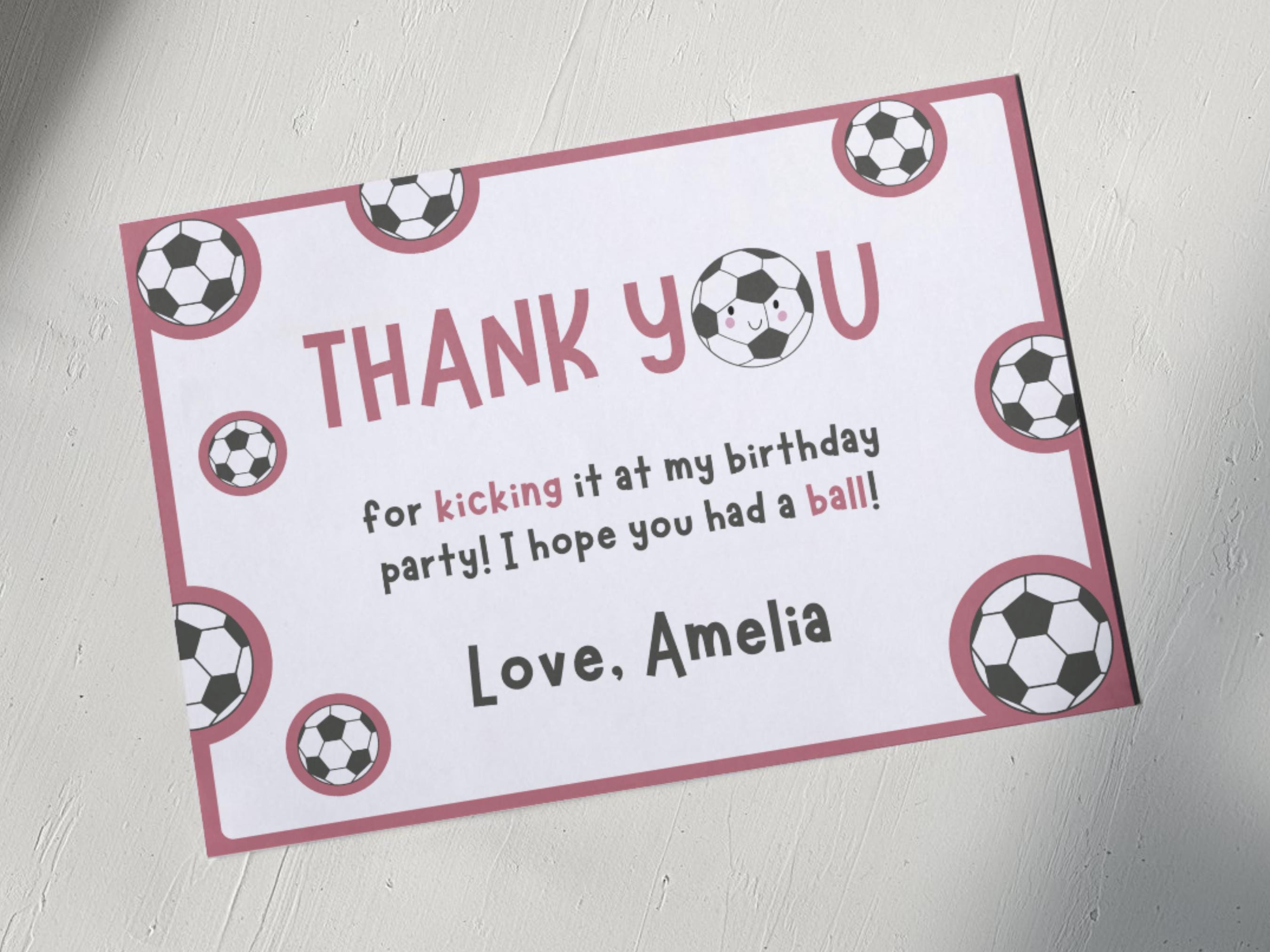Pink Soccer Birthday Thank You Card Printable Girl Football Sports ...