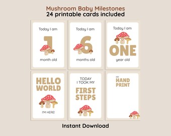 Printable Mushroom Baby Milestone Cards, Gender Neutral Monthly Photo Props (Set of 24) #KP15